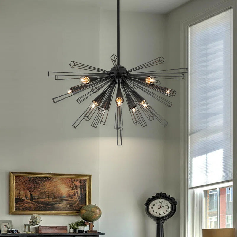 Akzel 10 light pendant by TheChandelierCo featuring a modern design with a sleek metal finish and 10 hanging light bulbs.