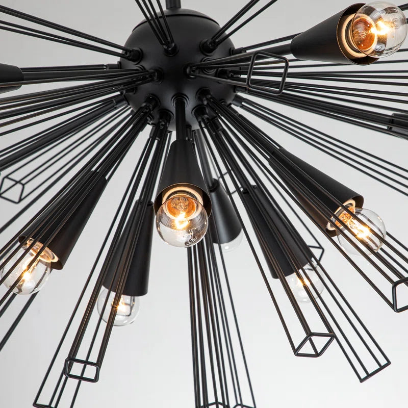 Akzel 10 light pendant by TheChandelierCo featuring a sleek, modern design with a black metal frame and glass shade.