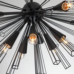 Akzel 10 light pendant by TheChandelierCo featuring a sleek, modern design with a black metal frame and glass shade.