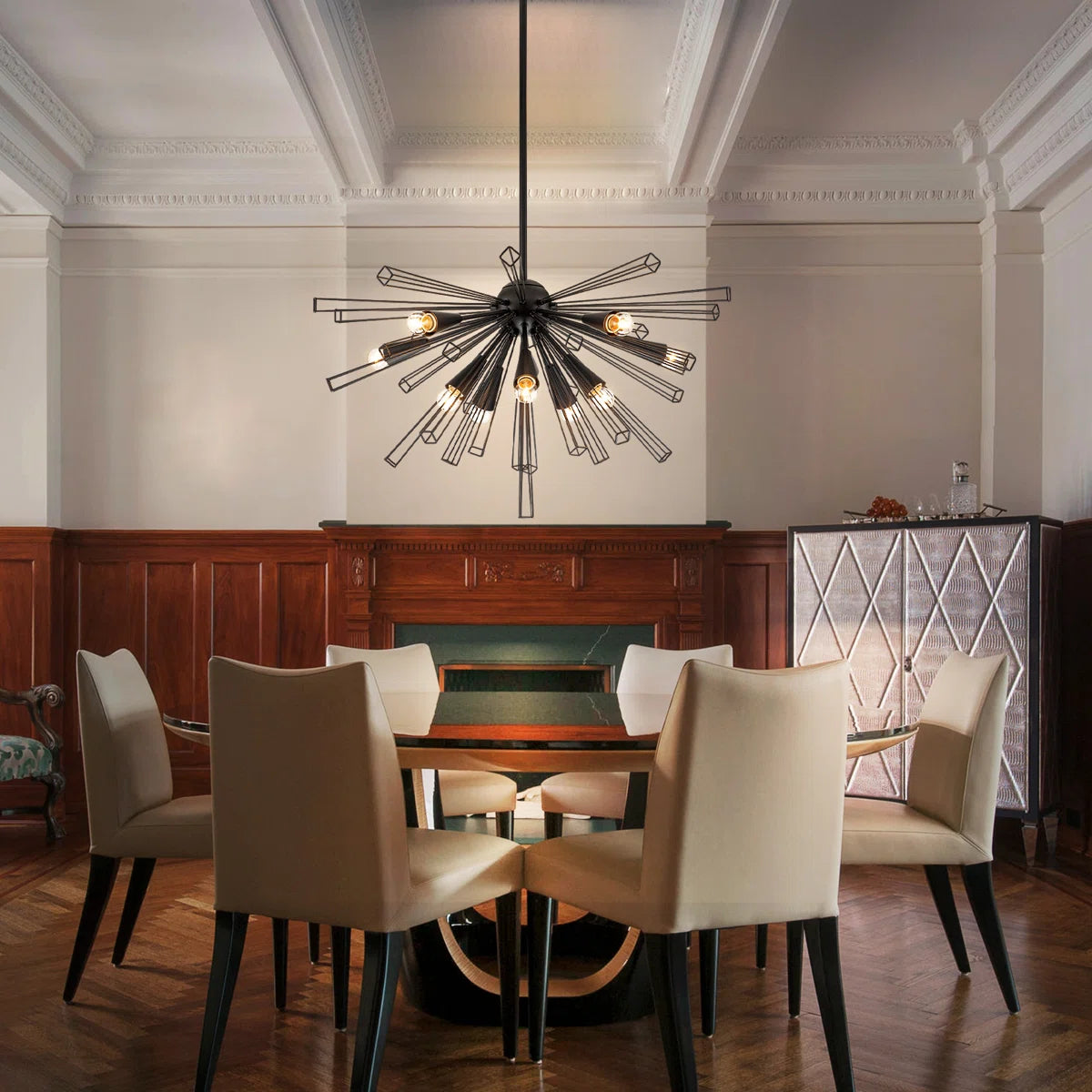 Akzel 10 light pendant by TheChandelierCo hanging from ceiling with a modern design and multiple hanging light bulbs.