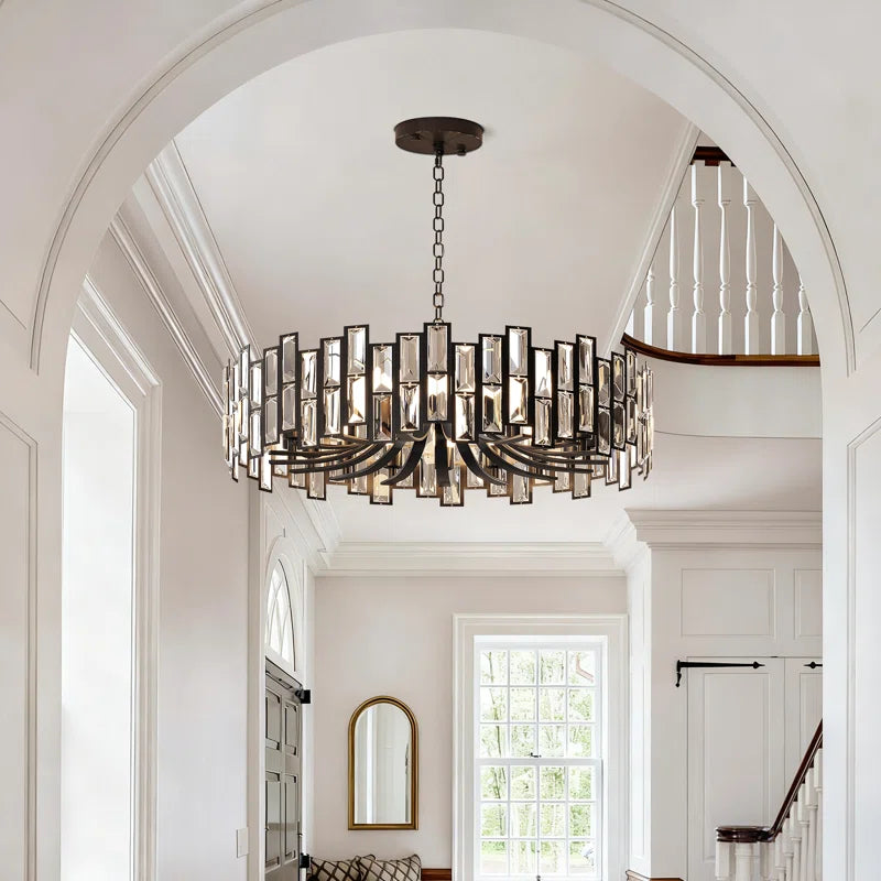 Modern black geometric crystal chandelier by TheChandelierCo with 14 lights and adjustable chain for elegant lighting.