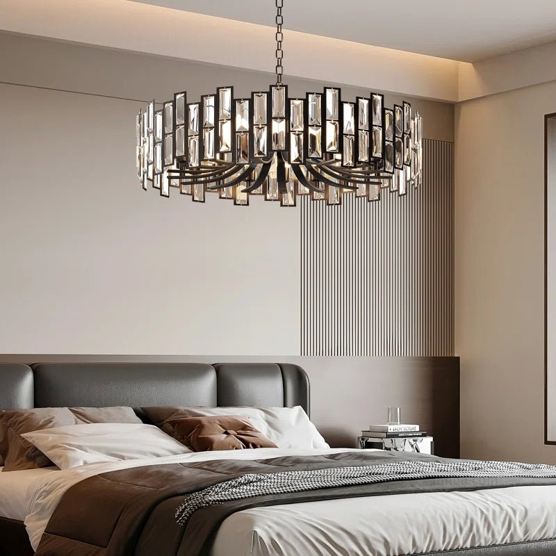 Modern black geometric crystal chandelier with 14 lights and adjustable chain, designed by TheChandelierCo.