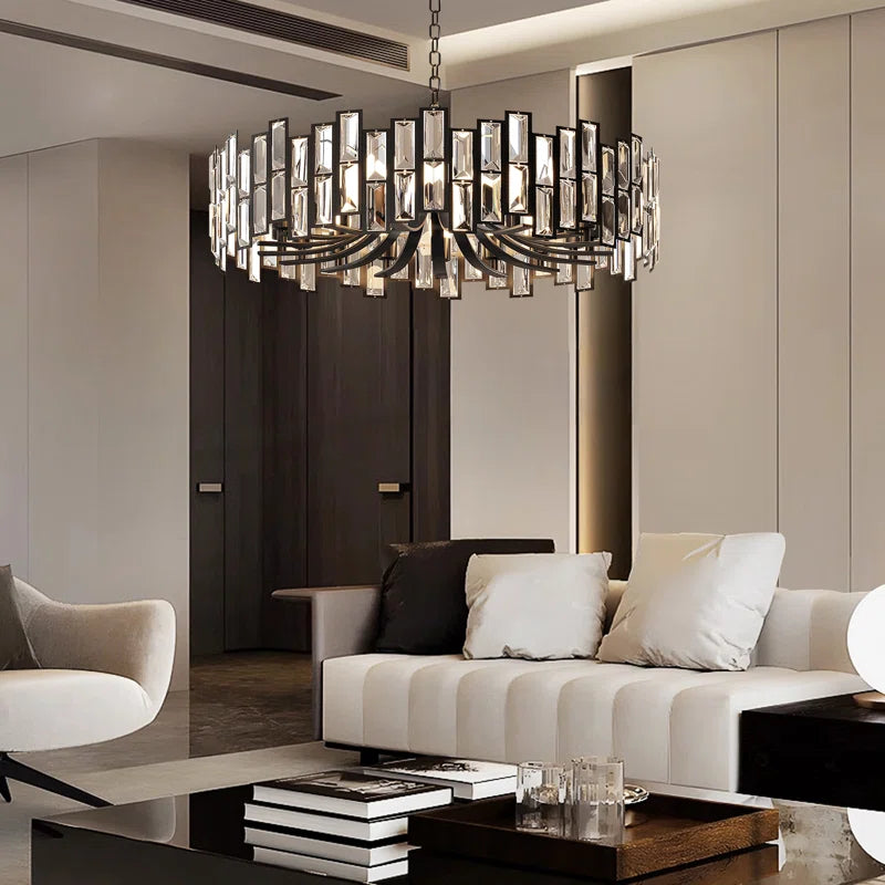 Alfaigh modern geometric crystal chandelier with 14 lights, black finish, and adjustable chain, hanging as a stylish interior lighting fixture.