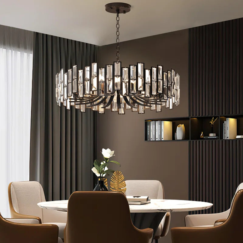 Alfaigh modern geometric crystal chandelier with 14 lights, black finish, and adjustable chain, hanging from ceiling.