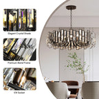 Alfaigh modern geometric crystal chandelier with 14 lights, black finish and adjustable chain hanging from ceiling.