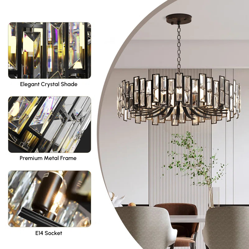 Alfaigh modern geometric crystal chandelier with 14 lights, black finish and adjustable chain hanging from ceiling.