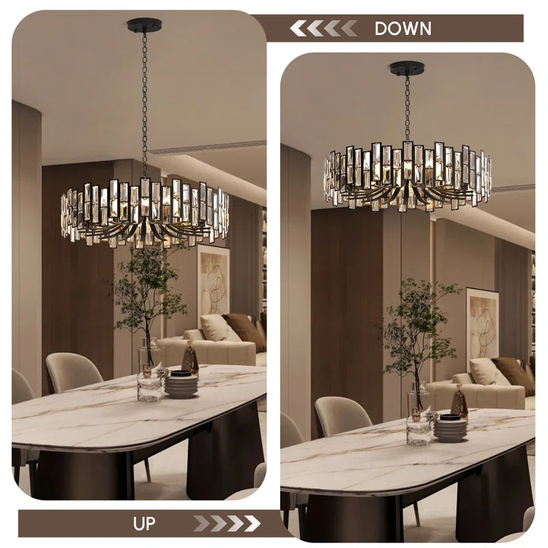 Modern black geometric crystal chandelier with 14 lights and adjustable chain by TheChandelierCo, showcasing a sleek, contemporary design.
