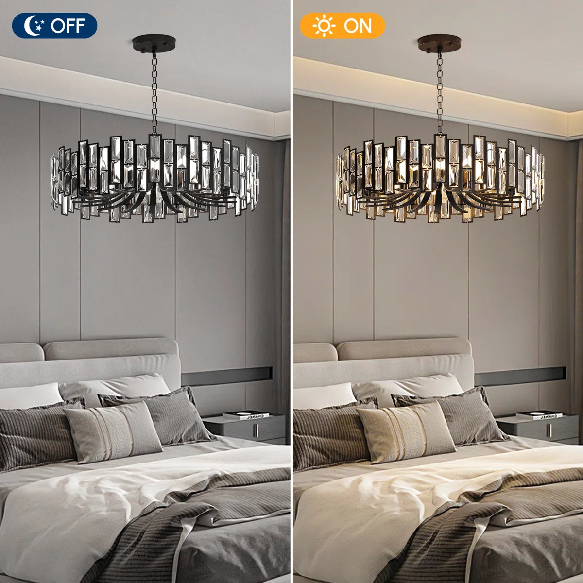 Modern black geometric crystal chandelier by TheChandelierCo with 14 lights and adjustable chain for elegant lighting.