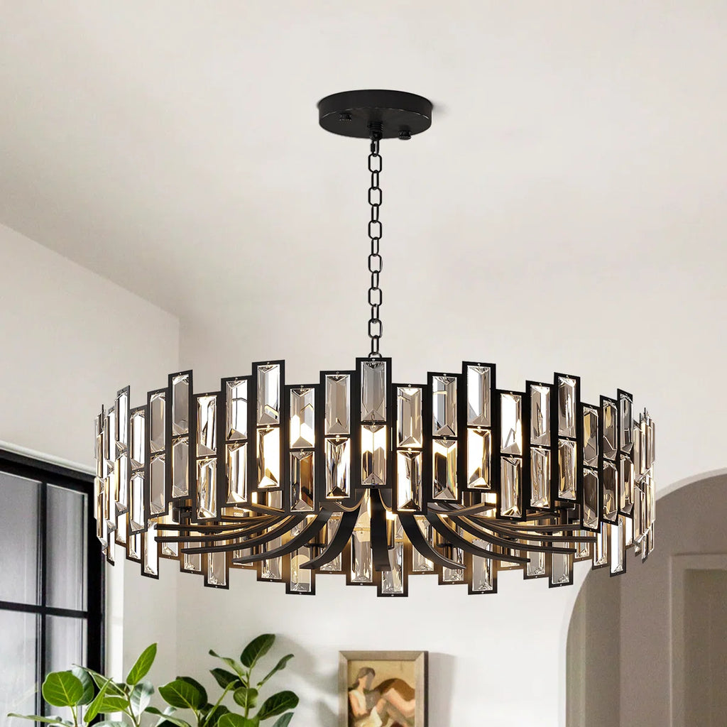 Black Alfaigh modern geometric crystal chandelier with 14 lights and adjustable chain, featuring a sleek contemporary design.