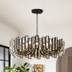 Black Alfaigh modern geometric crystal chandelier with 14 lights and adjustable chain, featuring a sleek contemporary design.