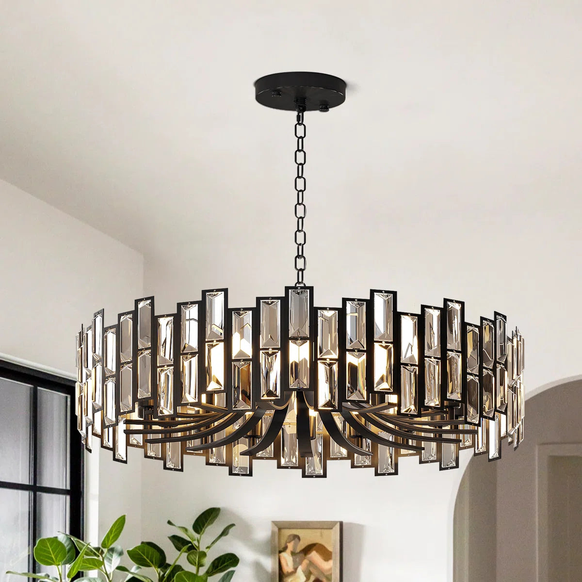 Black Alfaigh modern geometric crystal chandelier with 14 lights and adjustable chain, featuring a sleek contemporary design.