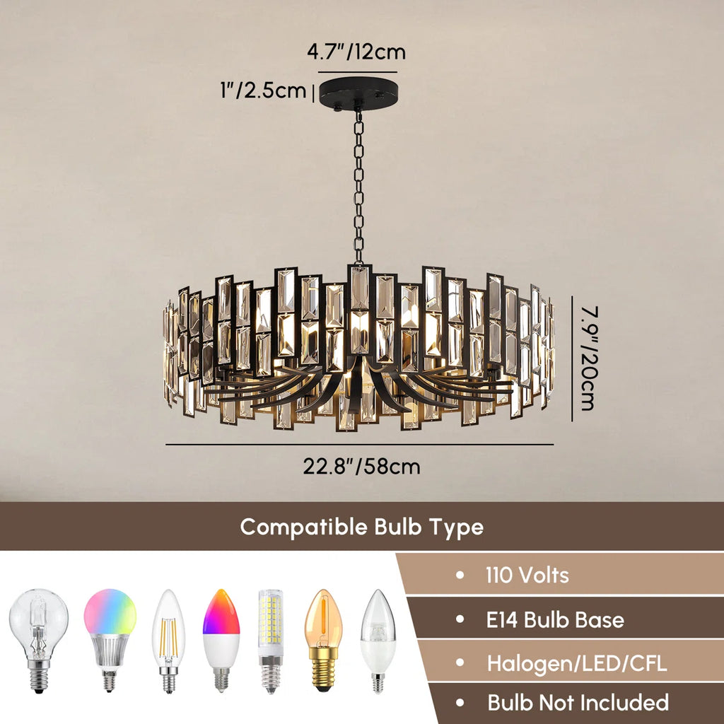 Alfaigh modern geometric crystal chandelier in black with 14 lights and adjustable chain, featuring sleek contemporary design.