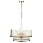 Anesty 5-light pendant chandelier in antique brass finish with elegant metal shades and black suspension cords.