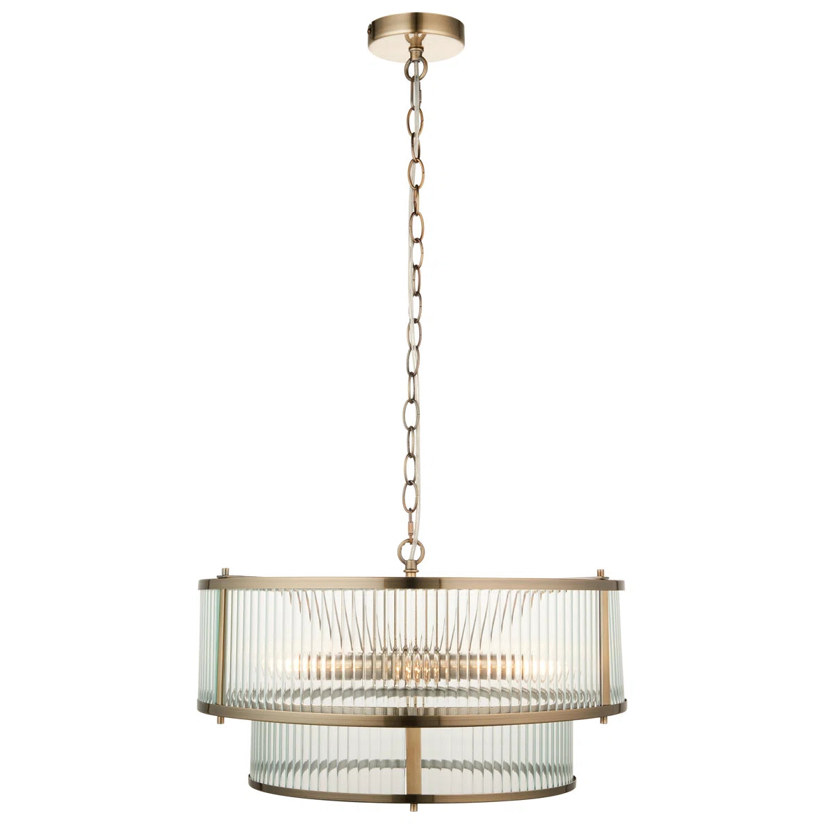 Anesty 5-light pendant chandelier in antique brass finish with elegant metal shades and black suspension cords.