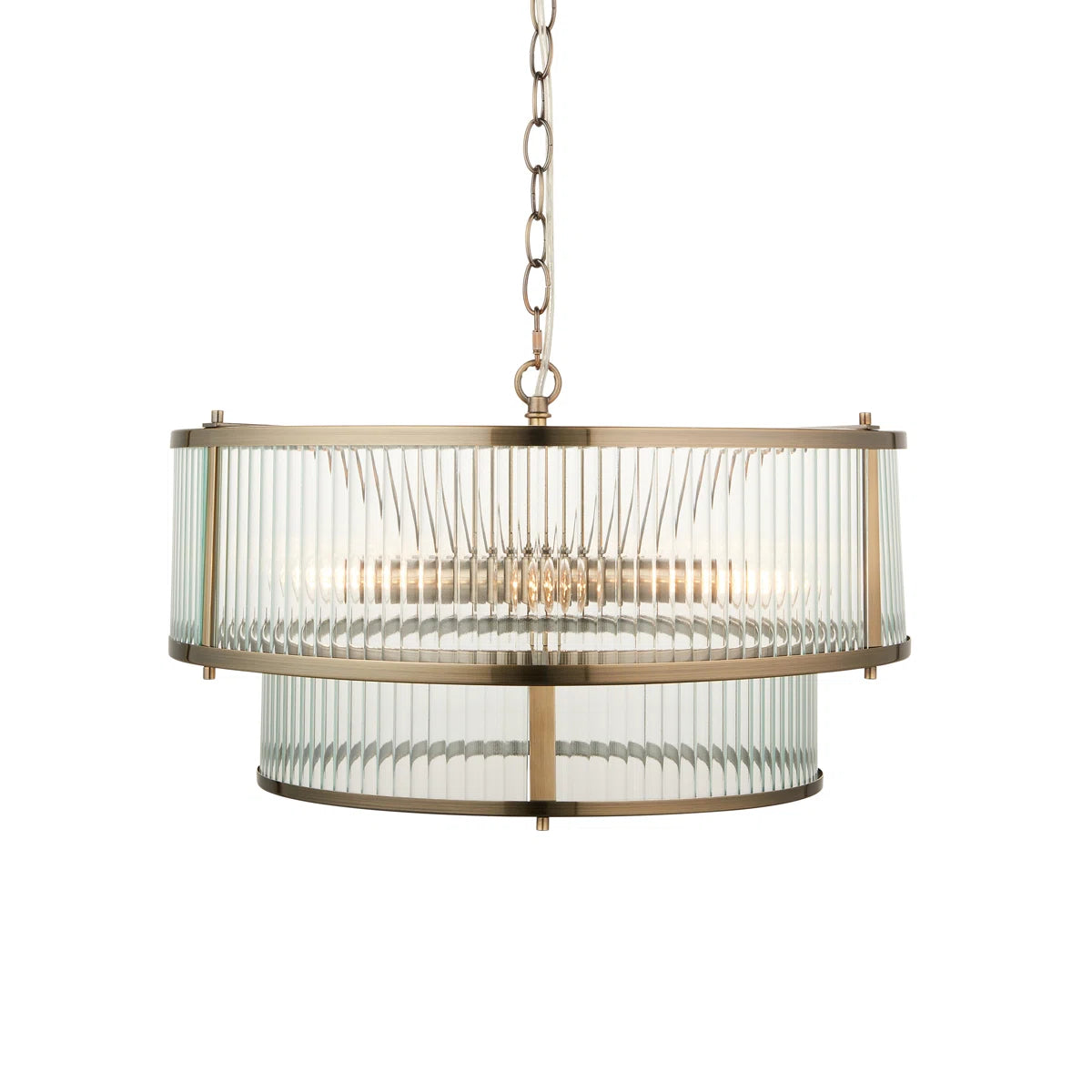 Anesty 5-liter pendant light by TheChandelierCo with antique brass finish, featuring classic design and multiple hanging bulbs.