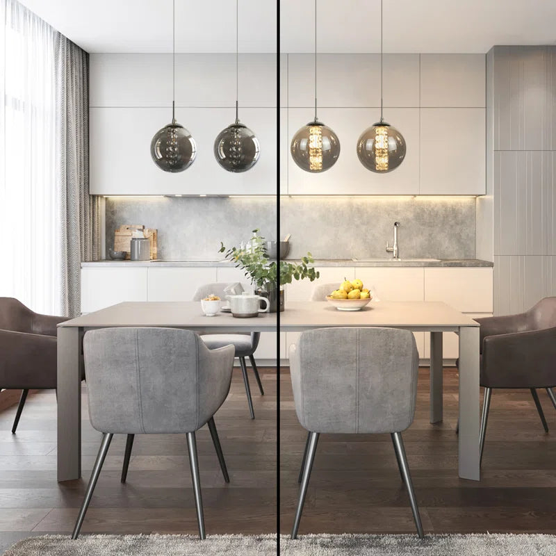 Eight-light LED pendant chandelier with glass design, adjustable height, black finish, modern style from TheChandelierCo.
