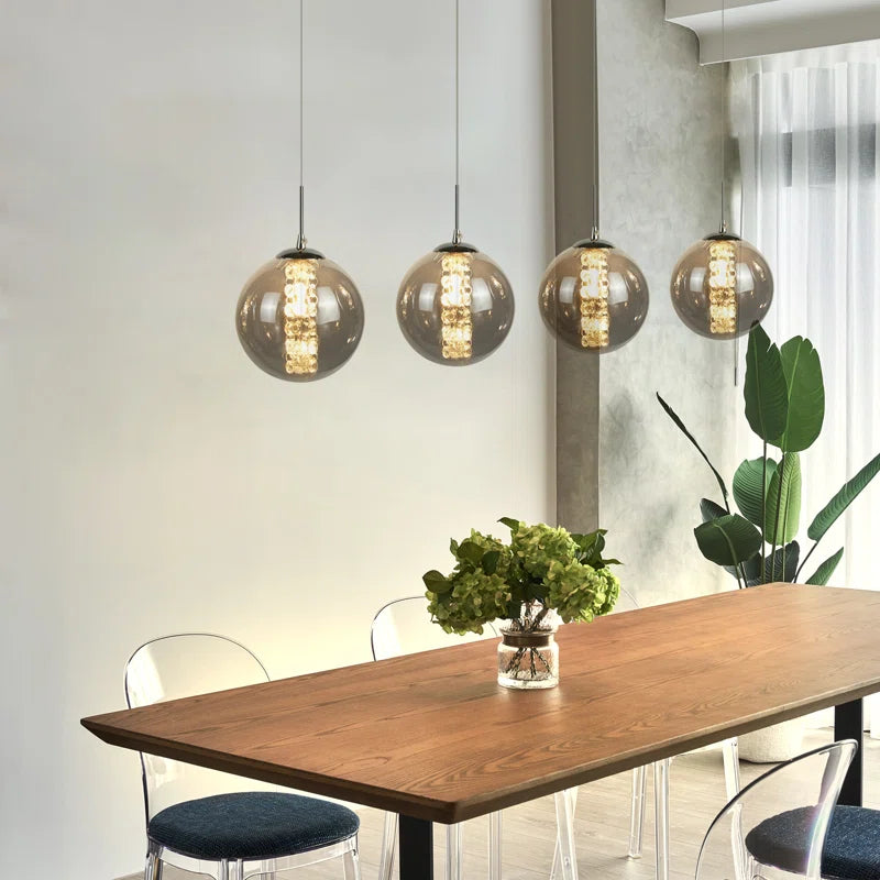 LED pendant light with eight glass shades, black finish, adjustable height, modern chandelier design by TheChandelierCo.