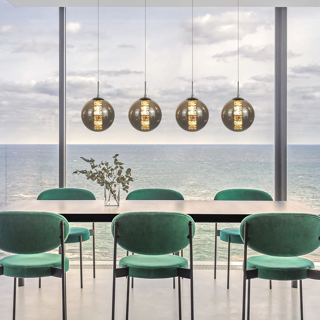 Eight-light glass LED pendant chandelier by TheChandelierCo, height-adjustable design with E27 bulbs in a sleek black finish.