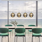 Eight-light glass LED pendant chandelier by TheChandelierCo, height-adjustable design with E27 bulbs in a sleek black finish.