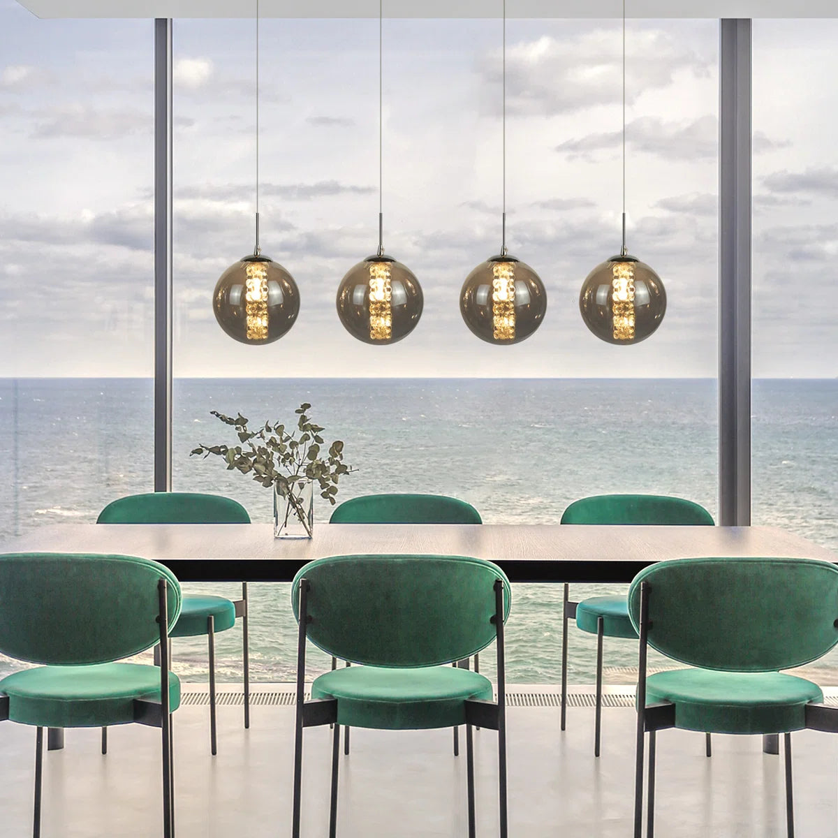 Eight-light glass LED pendant chandelier by TheChandelierCo, height-adjustable design with E27 bulbs in a sleek black finish.