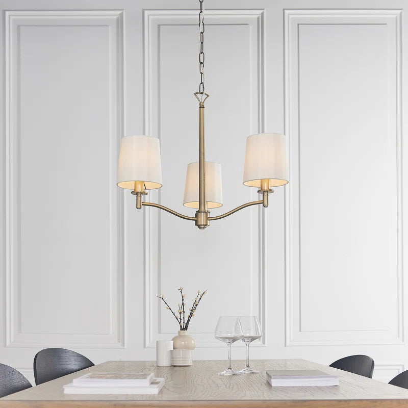 Beaumont 3 light shaded chandelier by TheChandelierCo with elegant light-colored fabric shades and brushed metal finish.