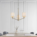 Beaumont 3 light shaded chandelier by TheChandelierCo with elegant light-colored fabric shades and brushed metal finish.