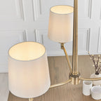 Beaumont 3 light shaded chandelier by TheChandelierCo featuring elegant light-colored lampshades and intricate metal detailing.