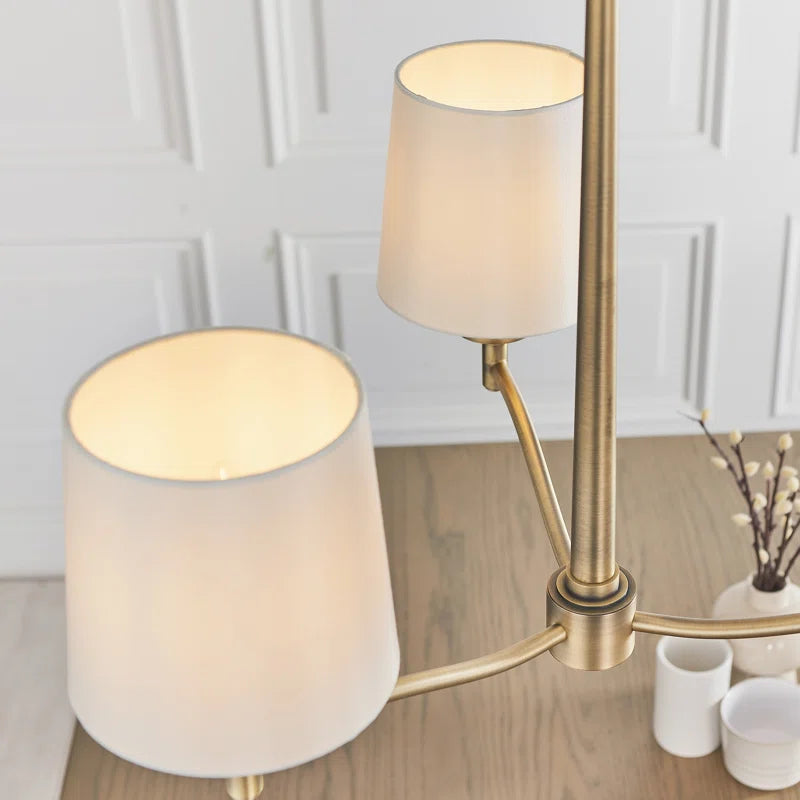 Beaumont 3 light shaded chandelier by TheChandelierCo featuring elegant light-colored lampshades and intricate metal detailing.