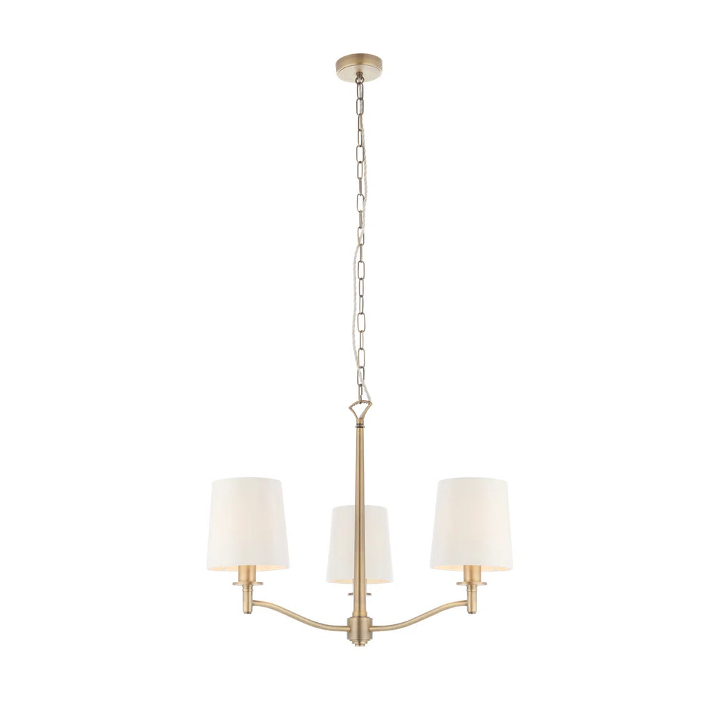 Beaumont 3 light shaded chandelier by TheChandelierCo with elegant light-colored fabric shades and a classic metal frame.