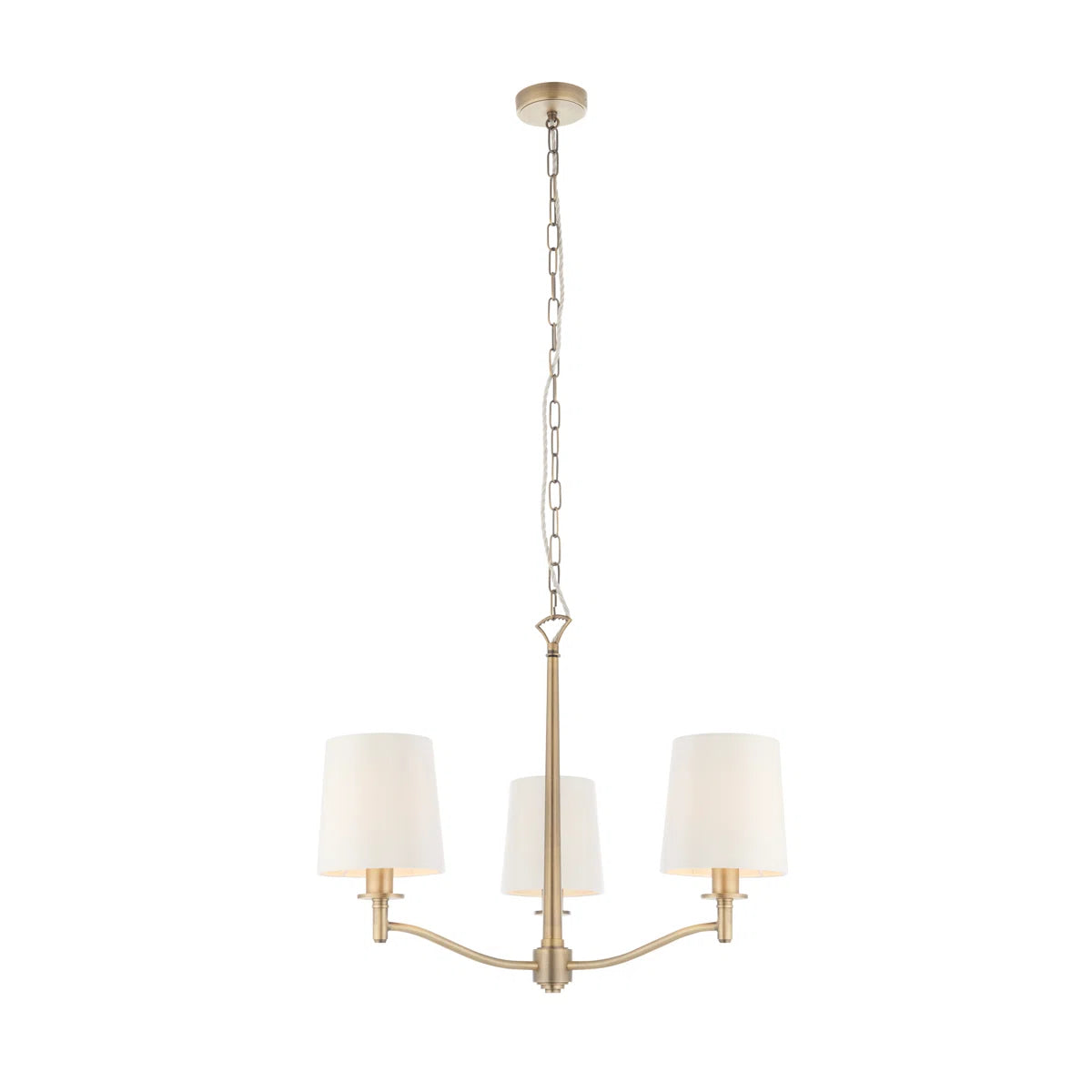 Beaumont 3 light shaded chandelier by TheChandelierCo with elegant light-colored fabric shades and a classic metal frame.