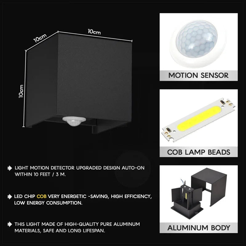 Black Betheny outdoor LED sconce, 10cm height, integrated lighting, wall-mounted fixture for exterior illumination.