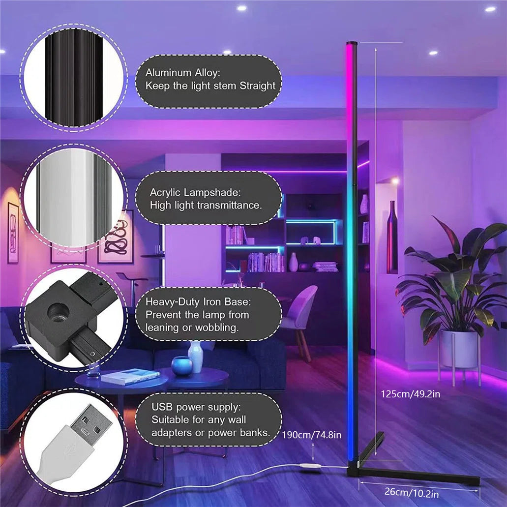 Black LED novelty floor lamp, 125cm tall with USB port, by TheChandelierCo, featuring a modern design and sleek black finish.
