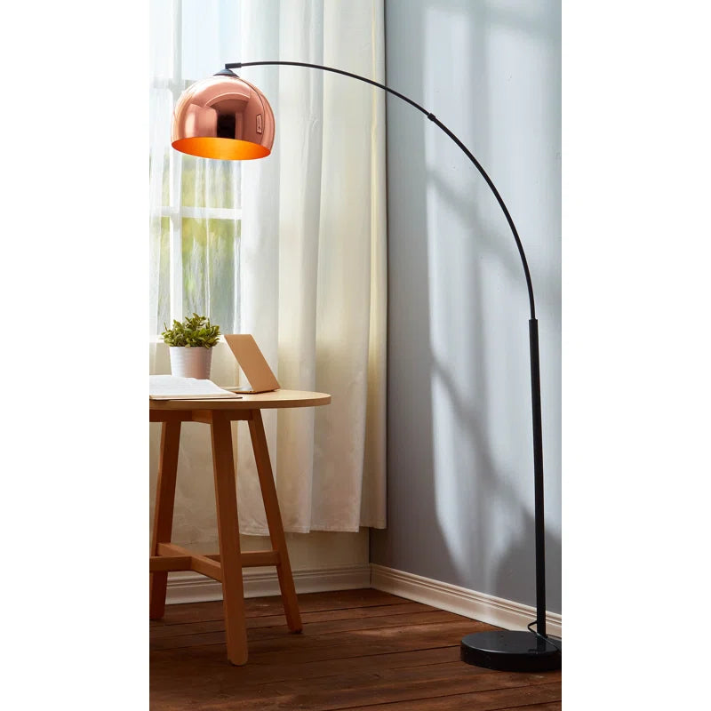 Bonita Arquer 66.93-inch arc floor lamp with faux black marble base and black bell shade, modern lighting fixture.