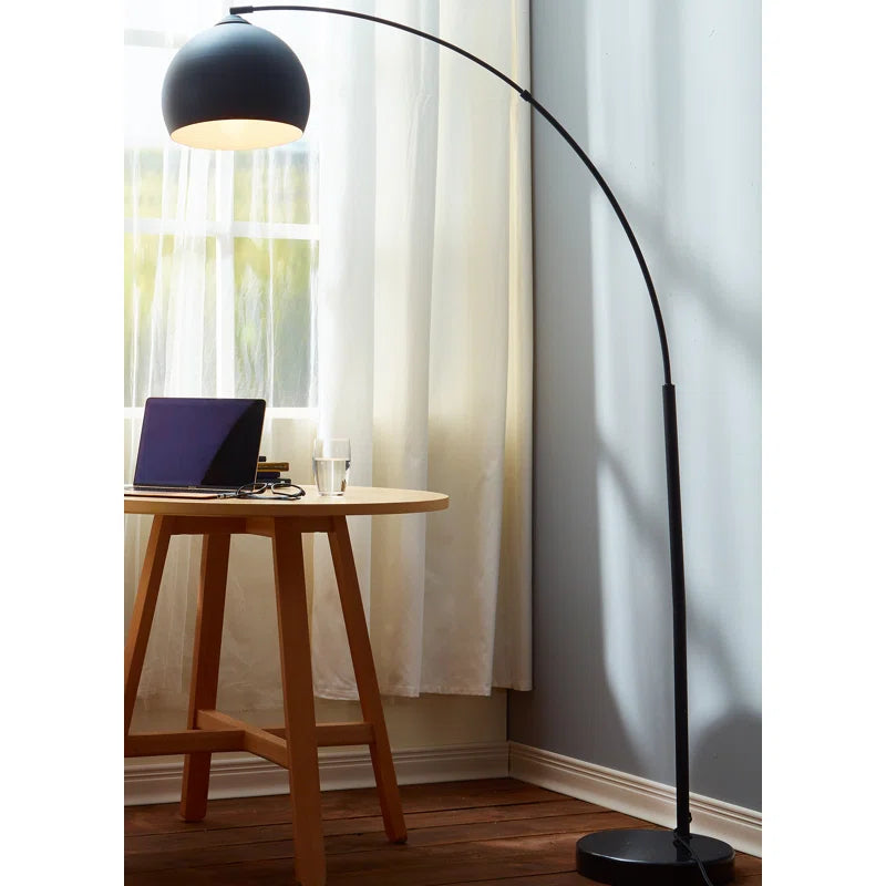 Bonita Arquer 66.93-inch arc floor lamp with faux black marble base and black bell shade, modern lighting by TheChandelierCo