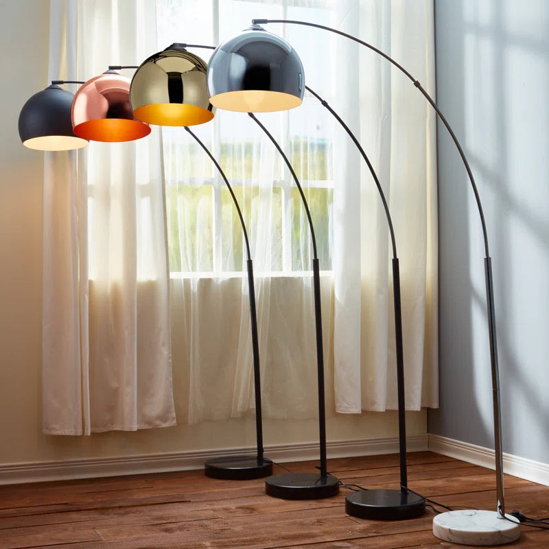 Bonita Arquer 66.93-inch arc floor lamp with faux black marble base and black bell shade, modern lighting fixture