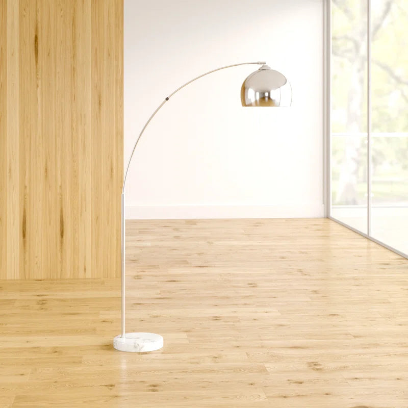 Bonita Arquer 66.93-inch arc floor lamp with faux black marble base and black bell shade, modern lighting fixture.