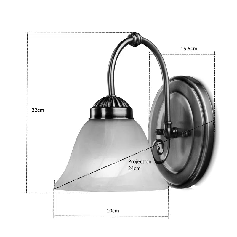 Brazell 1-light dimmable antique brass sconce with alabaster-style glass shade, wall-mounted lighting fixture.
