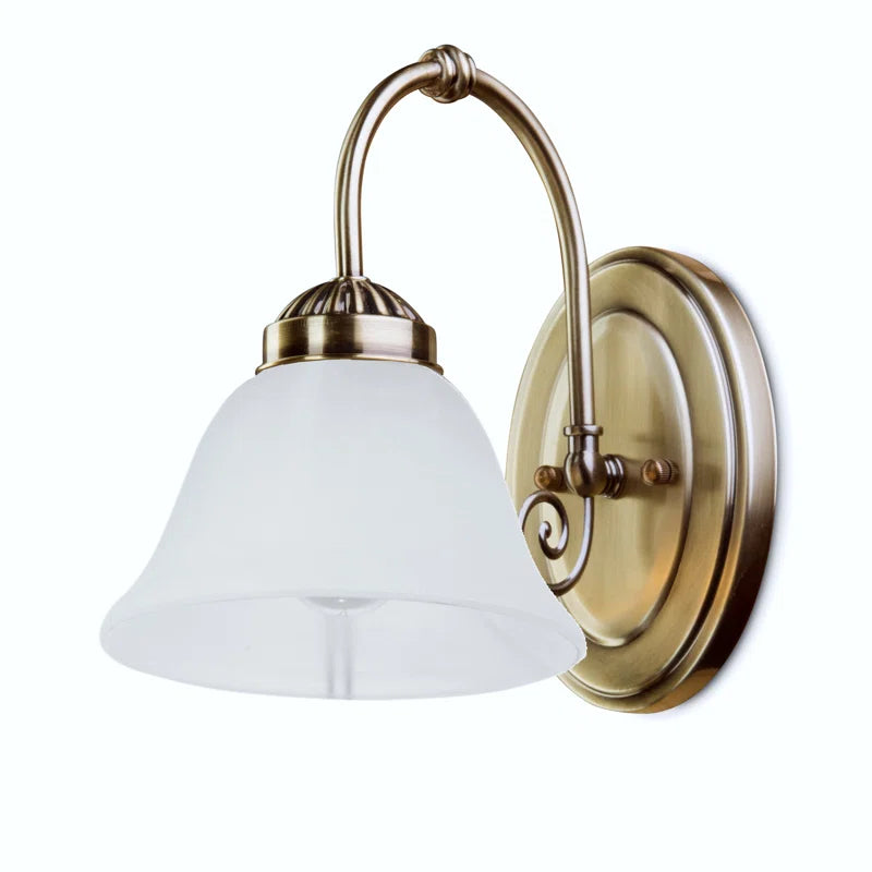 Brazell 1-light dimmable antique brass armed sconce with alabaster-style glass shade, decorative wall lighting fixture.