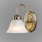 Brazell 1-light dimmable antique brass armed sconce with alabaster-style glass shade, showcasing elegant vintage lighting design.