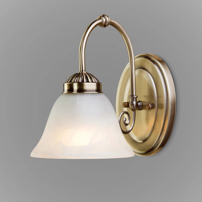Brazell 1-light dimmable antique brass armed sconce with alabaster-style glass shade, showcasing elegant vintage lighting design.