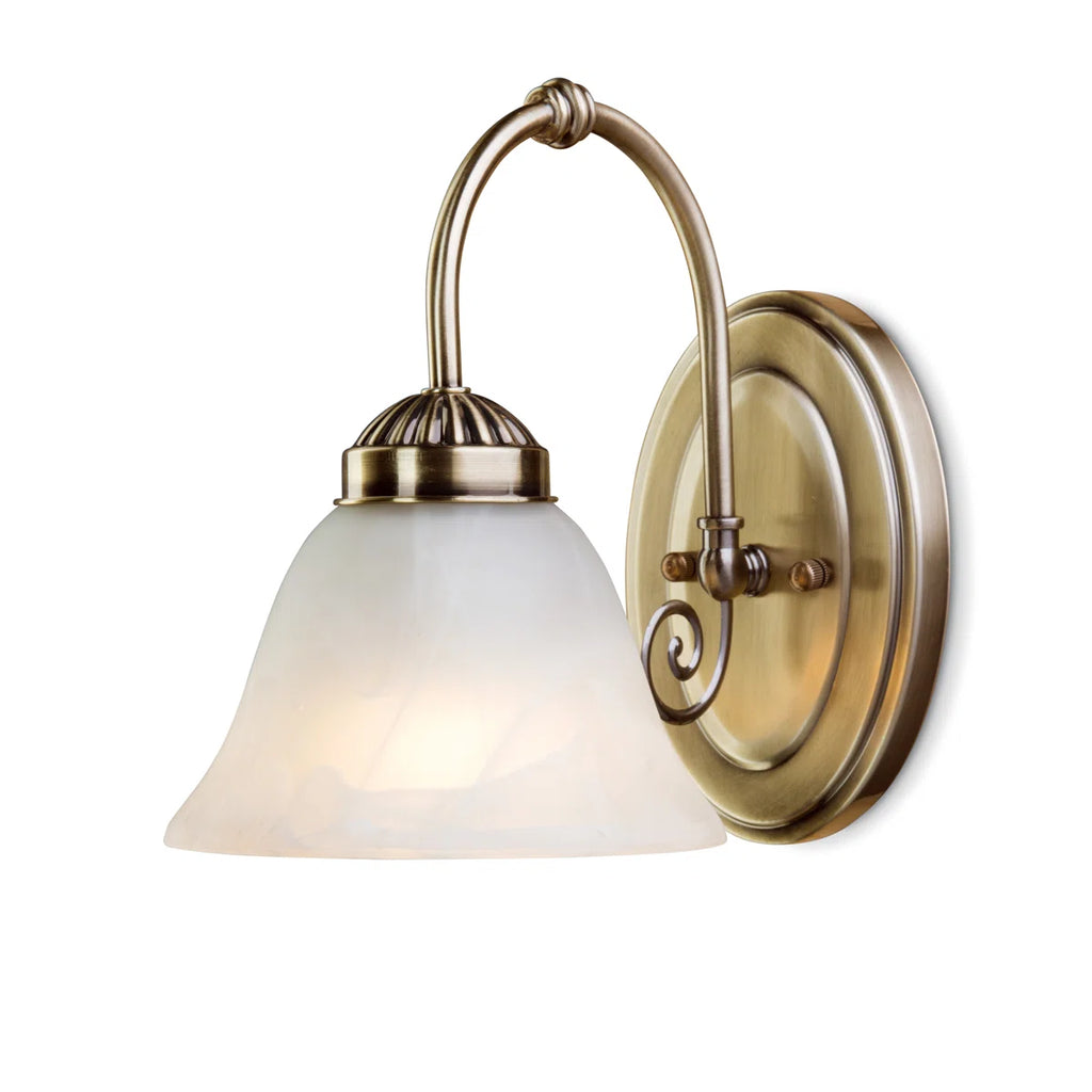 Brazell 1-light dimmable antique brass armed sconce with alabaster-style glass shade, showcasing elegant vintage lighting design.