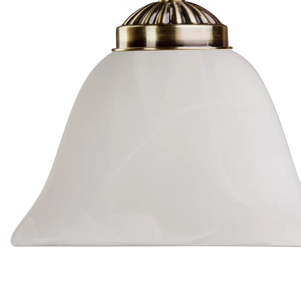 Brazell 1-light dimmable antique brass sconce with alabaster-style glass shade and arm detail, mounted on a wall.