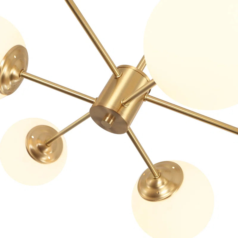 Modern Buchholtz 90cm opal glass bubble Sputnik chandelier with multiple spherical glass shades and sleek metal accents.