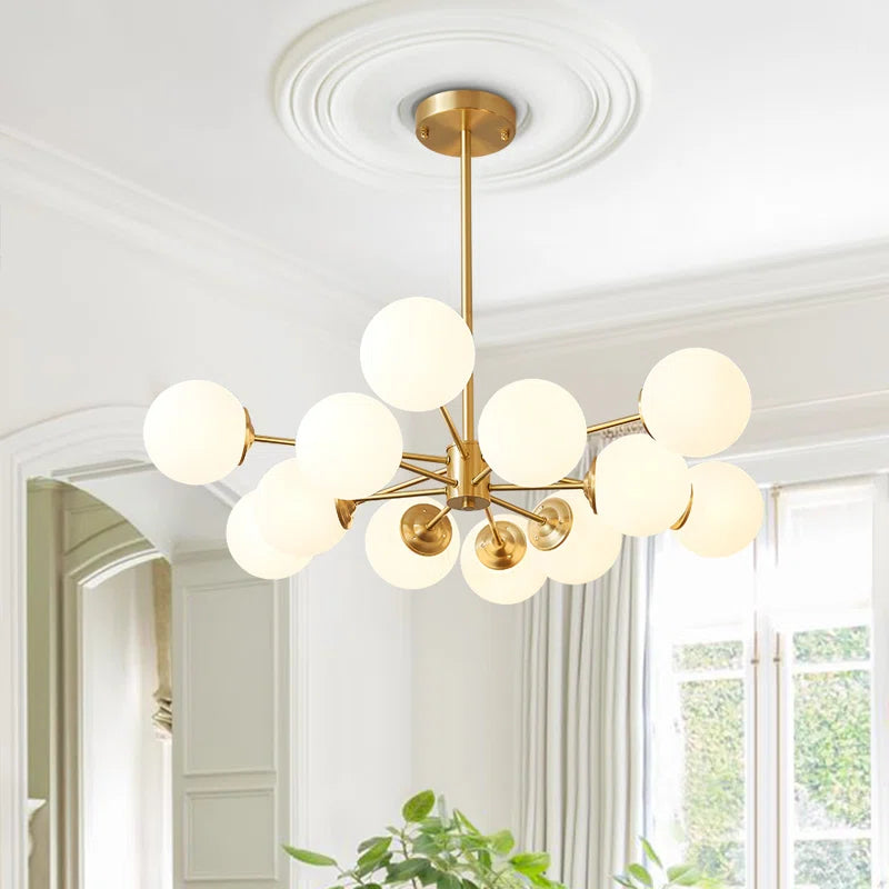 Modern opal glass bubble Sputnik chandelier by Buchholtz, 90cm diameter, featuring multiple glass orbs on a sleek metal frame.