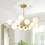 Modern opal glass bubble Sputnik chandelier by Buchholtz, 90cm diameter, featuring multiple glass orbs on a sleek metal frame.