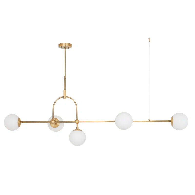 Cadel Impressive 5-light antique brass linear chandelier from TheChandelierCo hanging with exposed bulbs and sleek modern design