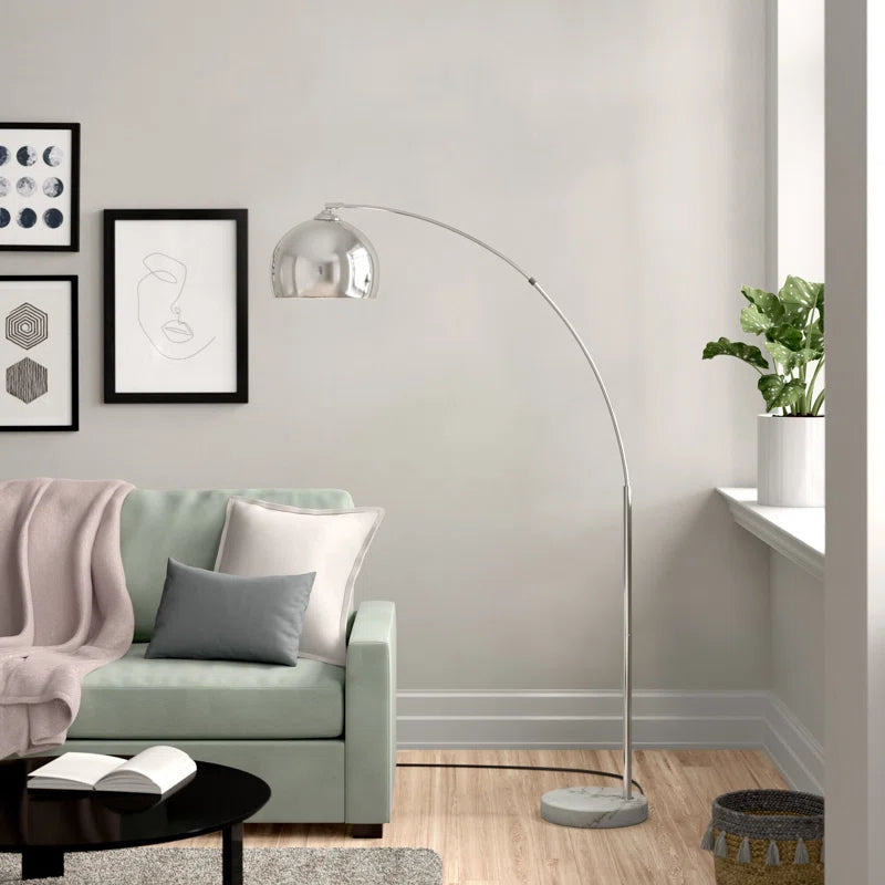 Chrome arc floor lamp with black bell shade and faux black marble base, modern design by TheChandelierCo