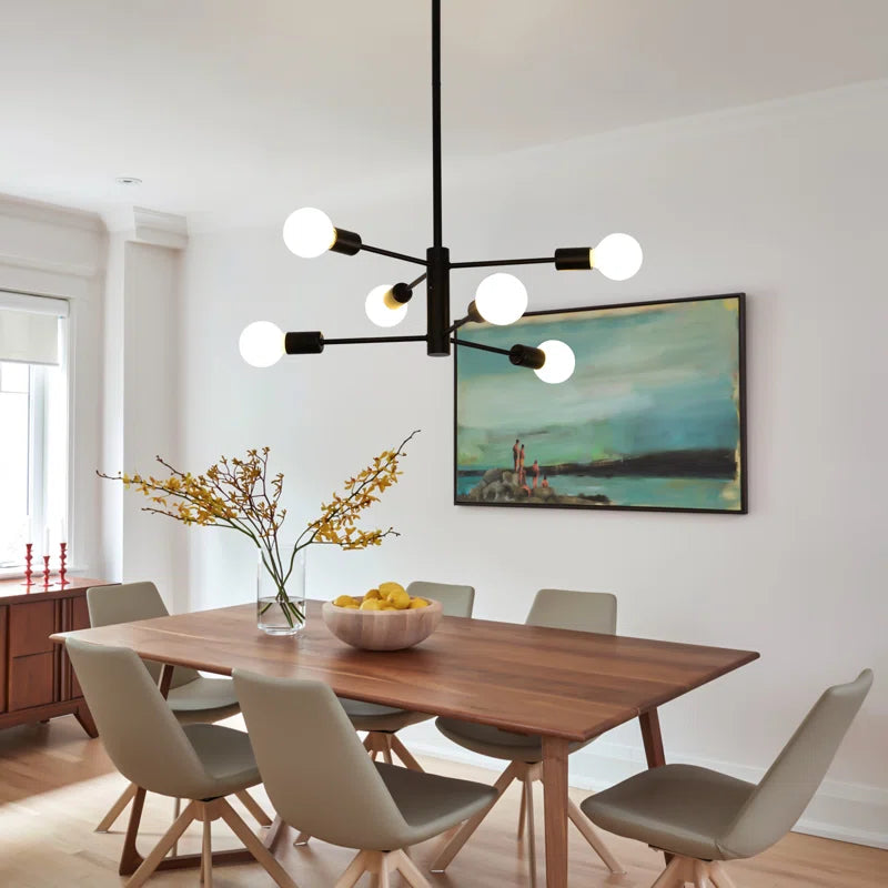 Modern Cobina 6 light Sputnik chandelier by TheChandelierCo featuring a metallic finish and six spherical glass bulbs.