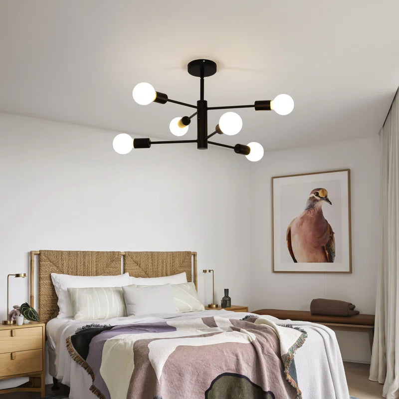 Modern Cobina 6-light Sputnik chandelier by TheChandelierCo with a sleek metallic finish and multiple exposed bulbs.