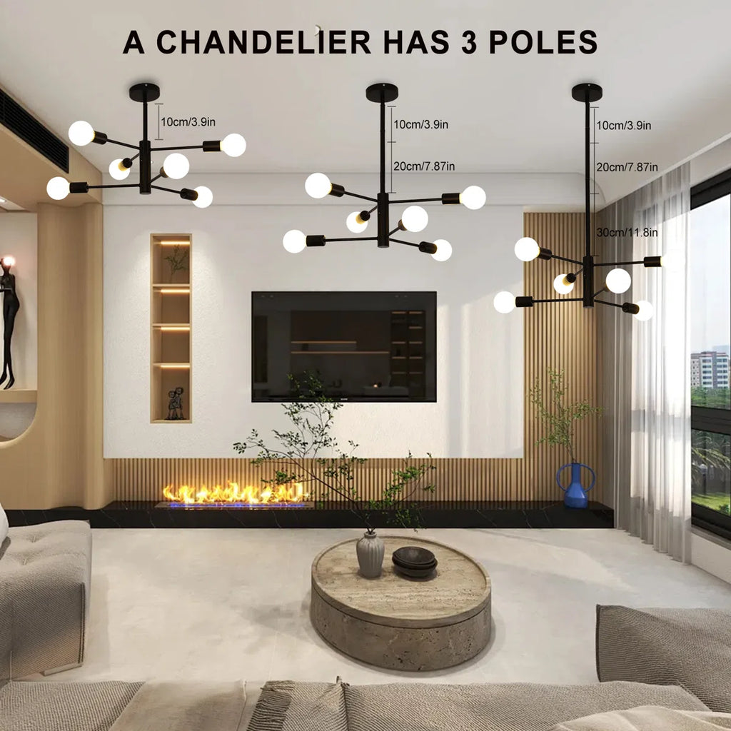 Modern Cobina 6-light Sputnik chandelier by TheChandelierCo with black metal finish and exposed bulbs, hanging in a stylish interior setting.